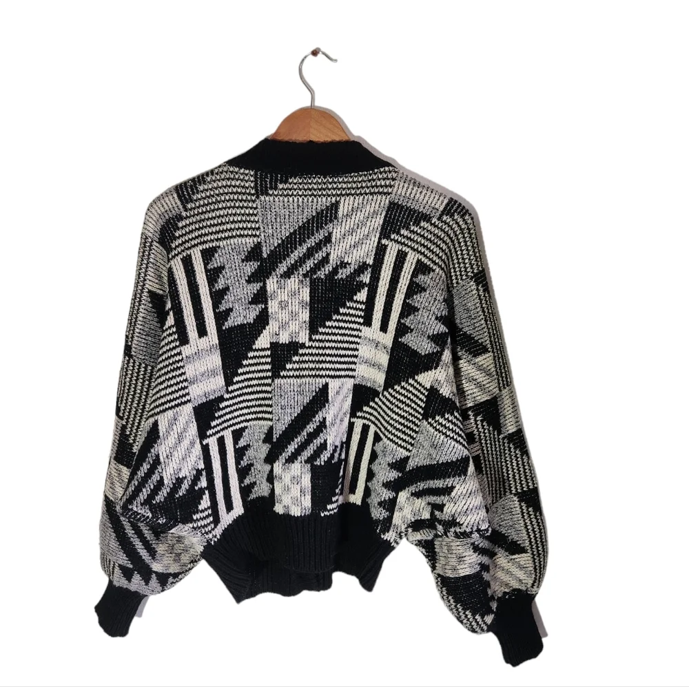 Mohair Wool Fanci Vintage Cardigan Trival Print Size M oversized Black Color - Picture 5 of 14